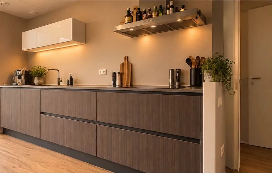 Dezelfde keuken na de wrap, in een warme houtstructuur